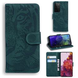 Intricate Embossing Tiger Face Leather Wallet Case for Samsung Galaxy S21 Ultra / S30 Ultra - Green