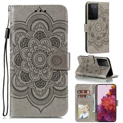 Intricate Embossing Datura Solar Leather Wallet Case for Samsung Galaxy S21 Ultra / S30 Ultra - Gray