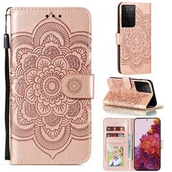 Intricate Embossing Datura Solar Leather Wallet Case for Samsung Galaxy S21 Ultra / S30 Ultra - Rose Gold