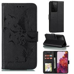 Intricate Embossing Lychee Feather Bird Leather Wallet Case for Samsung Galaxy S21 Ultra / S30 Ultra - Black