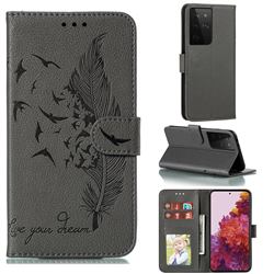 Intricate Embossing Lychee Feather Bird Leather Wallet Case for Samsung Galaxy S21 Ultra / S30 Ultra - Gray