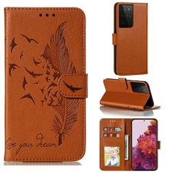 Intricate Embossing Lychee Feather Bird Leather Wallet Case for Samsung Galaxy S21 Ultra / S30 Ultra - Brown