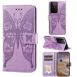 Intricate Embossing Rose Flower Butterfly Leather Wallet Case for Samsung Galaxy S21 Ultra / S30 Ultra - Purple