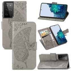 Embossing Mandala Flower Butterfly Leather Wallet Case for Samsung Galaxy S21 Ultra / S30 Ultra - Gray