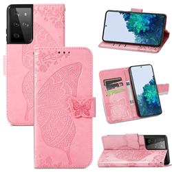 Embossing Mandala Flower Butterfly Leather Wallet Case for Samsung Galaxy S21 Ultra / S30 Ultra - Pink