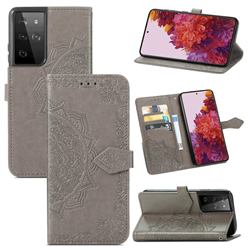 Embossing Imprint Mandala Flower Leather Wallet Case for Samsung Galaxy S21 Ultra / S30 Ultra - Gray