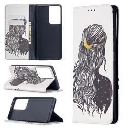 Girl with Long Hair Slim Magnetic Attraction Wallet Flip Cover for Samsung Galaxy S21 Ultra / S30 Ultra