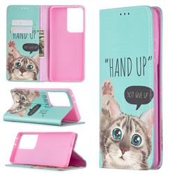 Hand Up Cat Slim Magnetic Attraction Wallet Flip Cover for Samsung Galaxy S21 Ultra / S30 Ultra