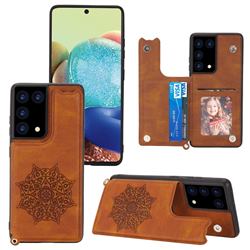 Luxury Mandala Multi-function Magnetic Card Slots Stand Leather Back Cover for Samsung Galaxy S21 Ultra - Brown