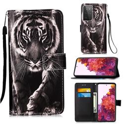 Black and White Tiger Matte Leather Wallet Phone Case for Samsung Galaxy S21 Ultra