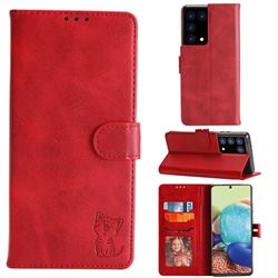 Embossing Happy Cat Leather Wallet Case for Samsung Galaxy S21 Ultra - Red