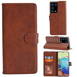 Embossing Happy Cat Leather Wallet Case for Samsung Galaxy S21 Ultra - Brown