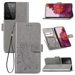 Embossing Imprint Four-Leaf Clover Leather Wallet Case for Samsung Galaxy S21 Ultra - Grey