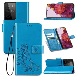 Embossing Imprint Four-Leaf Clover Leather Wallet Case for Samsung Galaxy S21 Ultra - Blue