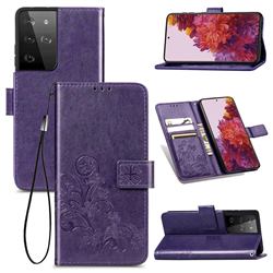 Embossing Imprint Four-Leaf Clover Leather Wallet Case for Samsung Galaxy S21 Ultra - Purple