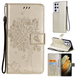 Embossing Butterfly Tree Leather Wallet Case for Samsung Galaxy S21 Ultra - Champagne