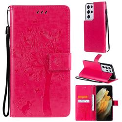 Embossing Butterfly Tree Leather Wallet Case for Samsung Galaxy S21 Ultra - Rose