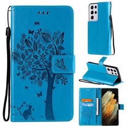 Embossing Butterfly Tree Leather Wallet Case for Samsung Galaxy S21 Ultra - Blue