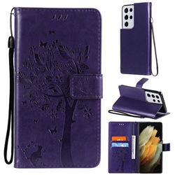 Embossing Butterfly Tree Leather Wallet Case for Samsung Galaxy S21 Ultra - Purple