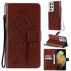 Embossing Butterfly Tree Leather Wallet Case for Samsung Galaxy S21 Ultra - Coffee