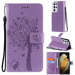 Embossing Butterfly Tree Leather Wallet Case for Samsung Galaxy S21 Ultra - Violet