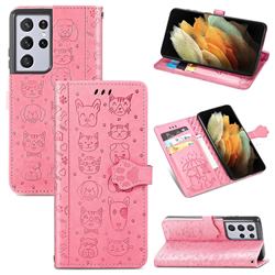 Embossing Dog Paw Kitten and Puppy Leather Wallet Case for Samsung Galaxy S21 Ultra - Pink