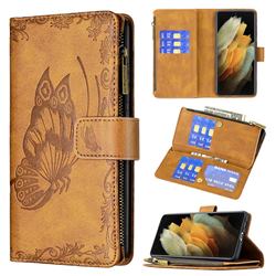 Binfen Color Imprint Vivid Butterfly Buckle Zipper Multi-function Leather Phone Wallet for Samsung Galaxy S21 Ultra - Brown
