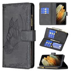 Binfen Color Imprint Vivid Butterfly Buckle Zipper Multi-function Leather Phone Wallet for Samsung Galaxy S21 Ultra - Black