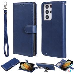 Retro Greek Detachable Magnetic PU Leather Wallet Phone Case for Samsung Galaxy S21 Ultra - Blue