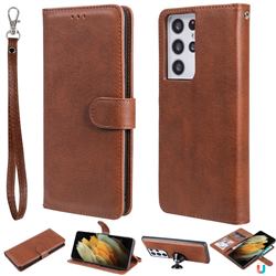 Retro Greek Detachable Magnetic PU Leather Wallet Phone Case for Samsung Galaxy S21 Ultra - Brown