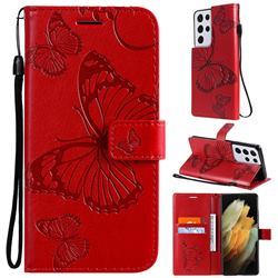 Embossing 3D Butterfly Leather Wallet Case for Samsung Galaxy S21 Ultra - Red