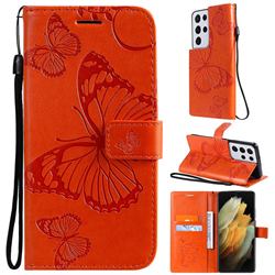 Embossing 3D Butterfly Leather Wallet Case for Samsung Galaxy S21 Ultra - Orange