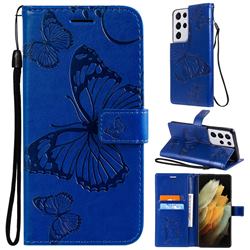 Embossing 3D Butterfly Leather Wallet Case for Samsung Galaxy S21 Ultra - Blue