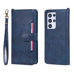 Retro Multi-functional Detachable Leather Wallet Phone Case for Samsung Galaxy S21 Ultra - Blue