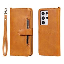 Retro Multi-functional Detachable Leather Wallet Phone Case for Samsung Galaxy S21 Ultra - Brown