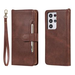 Retro Multi-functional Detachable Leather Wallet Phone Case for Samsung Galaxy S21 Ultra - Coffee
