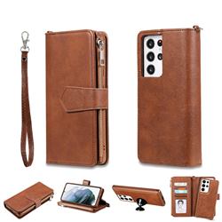 Retro Luxury Multifunction Zipper Leather Phone Wallet for Samsung Galaxy S21 Ultra - Brown