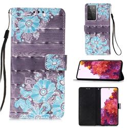 Blue Flower 3D Painted Leather Wallet Case for Samsung Galaxy S21 Ultra