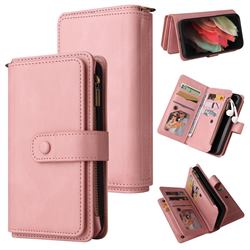 Luxury Multi-functional Zipper Wallet Leather Phone Case Cover for Samsung Galaxy S21 Ultra - Pink