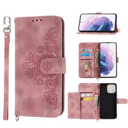 Skin Feel Embossed Lace Flower Multiple Card Slots Leather Wallet Phone Case for Samsung Galaxy S21 Ultra - Pink