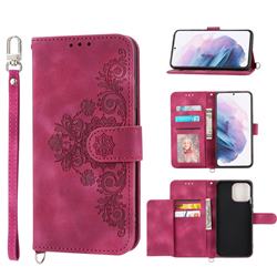 Skin Feel Embossed Lace Flower Multiple Card Slots Leather Wallet Phone Case for Samsung Galaxy S21 Ultra - Claret Red