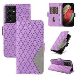 Grid Pattern Splicing Protective Wallet Case Cover for Samsung Galaxy S21 Ultra - Purple