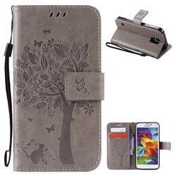 Embossing Butterfly Tree Leather Wallet Case for Samsung Galaxy S5 - Grey