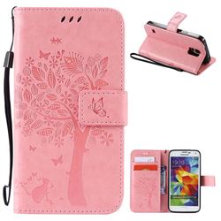 Embossing Butterfly Tree Leather Wallet Case for Samsung Galaxy S5 - Pink