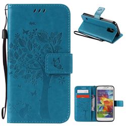 Embossing Butterfly Tree Leather Wallet Case for Samsung Galaxy S5 - Blue