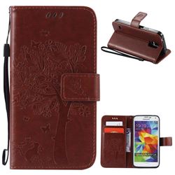 Embossing Butterfly Tree Leather Wallet Case for Samsung Galaxy S5 - Brown