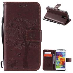 Embossing Butterfly Tree Leather Wallet Case for Samsung Galaxy S5 - Coffee