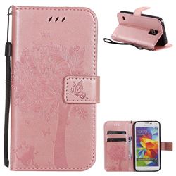 Embossing Butterfly Tree Leather Wallet Case for Samsung Galaxy S5 G900 - Rose Pink