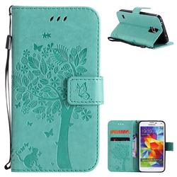 Embossing Butterfly Tree Leather Wallet Case for Samsung Galaxy S5 G900 - Cyan