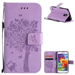 Embossing Butterfly Tree Leather Wallet Case for Samsung Galaxy S5 G900 - Violet